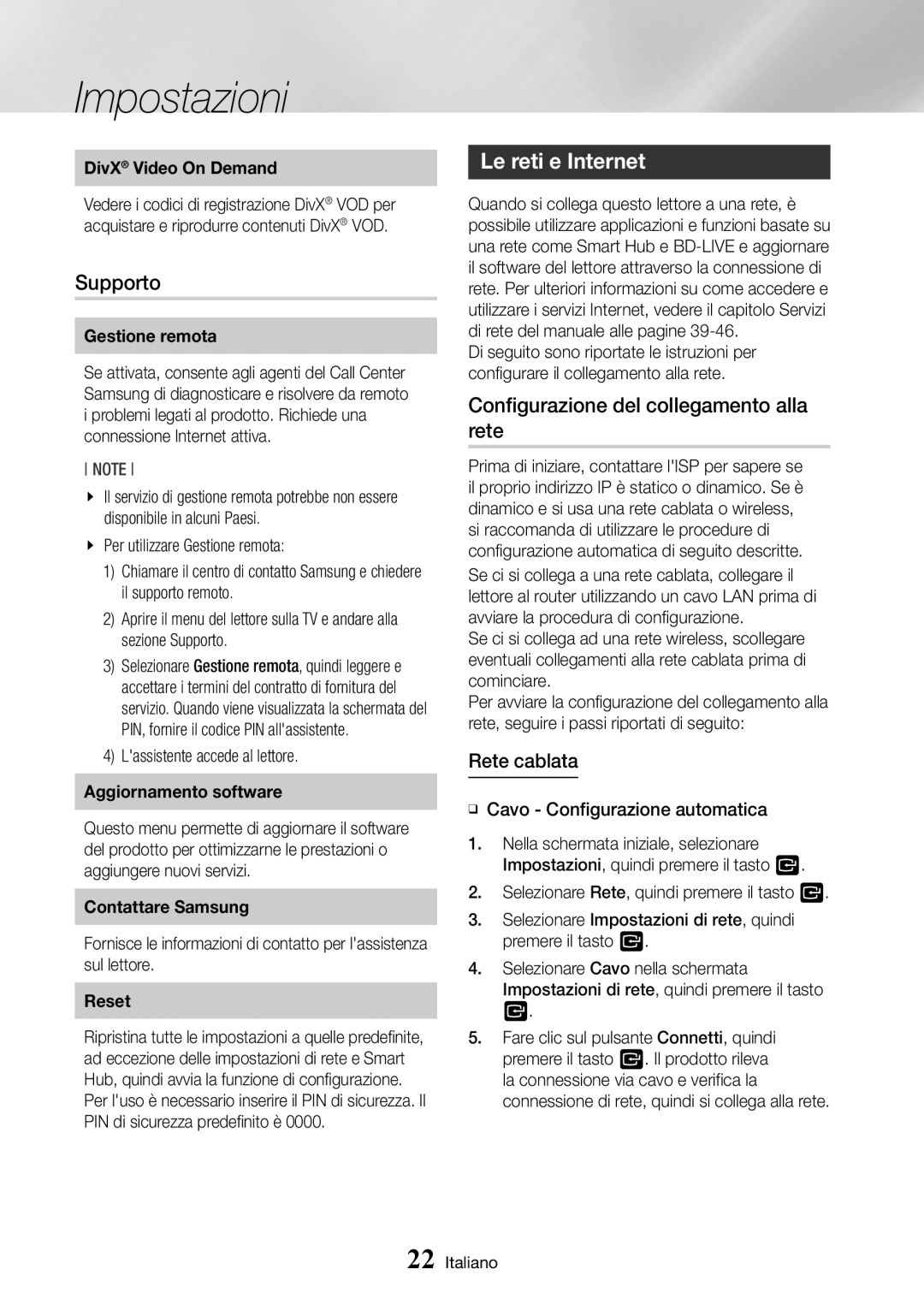 Samsung BD-J7500/ZF manual Supporto, Le reti e Internet, Configurazione del collegamento alla rete, Rete cablata 