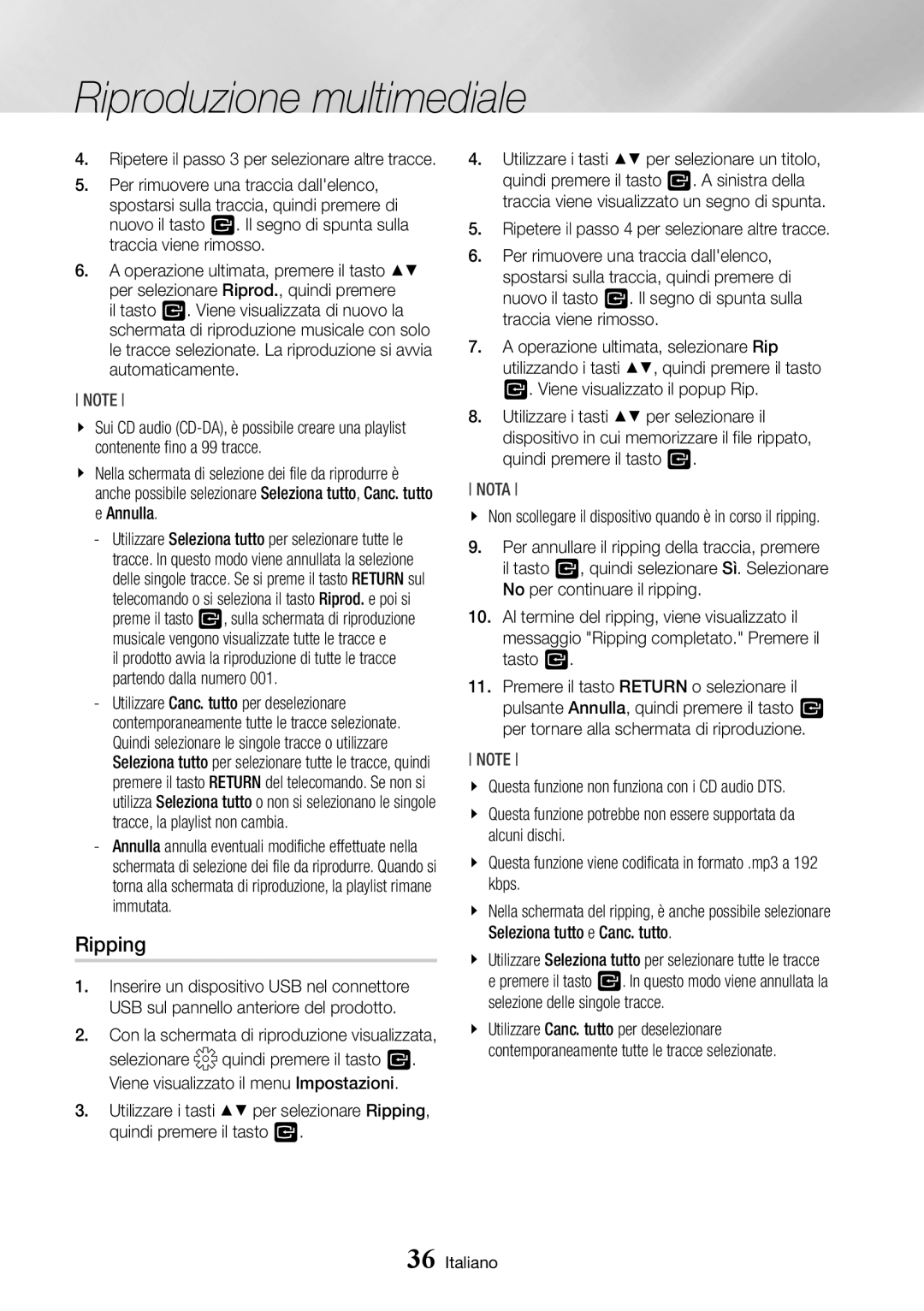 Samsung BD-J7500/ZF manual Ripping, Ripetere il passo 3 per selezionare altre tracce 