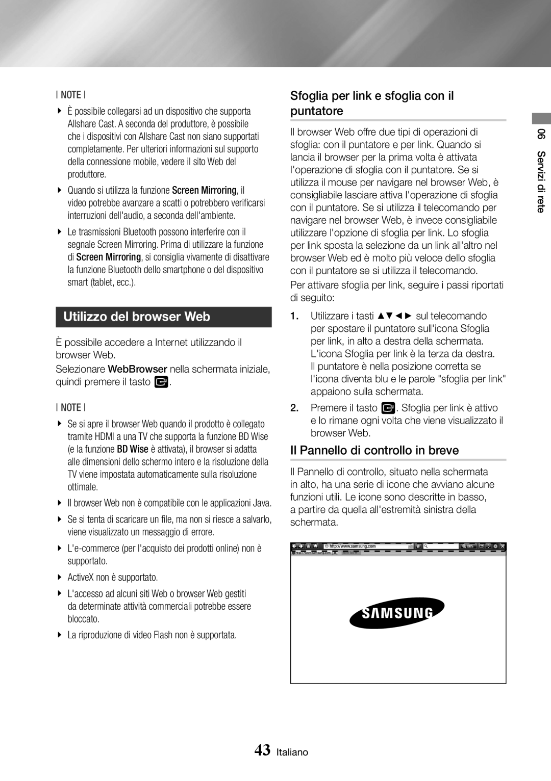 Samsung BD-J7500/ZF manual Utilizzo del browser Web, Sfoglia per link e sfoglia con il puntatore 