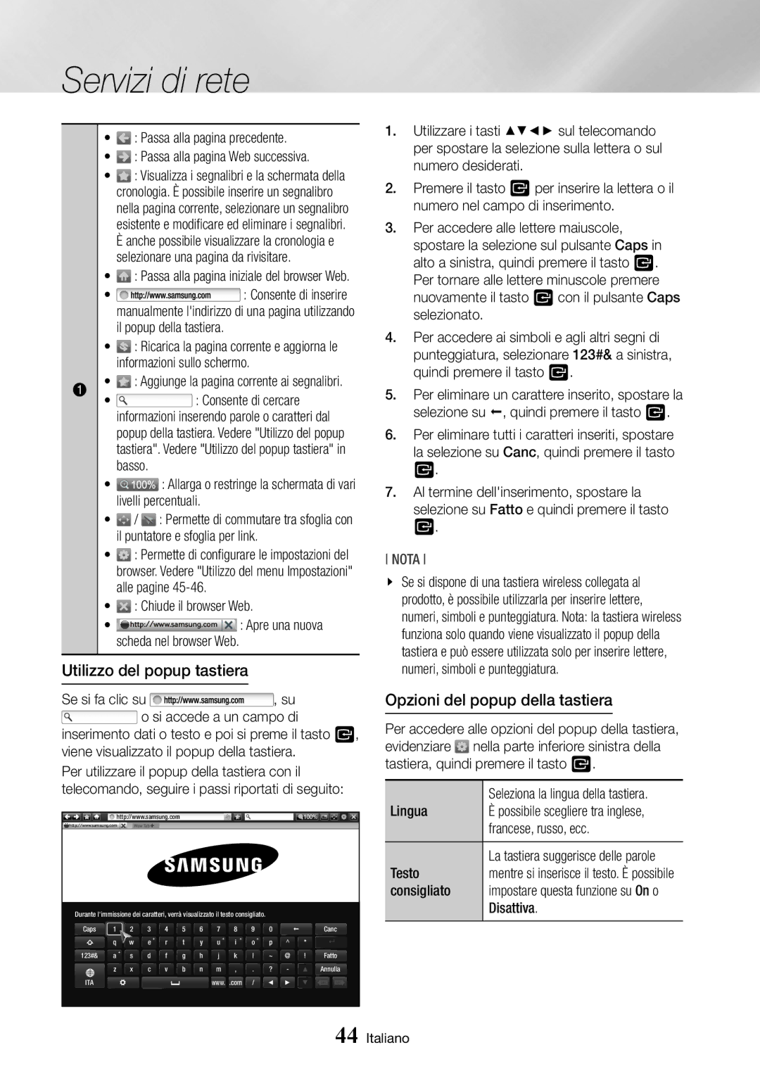 Samsung BD-J7500/ZF manual Utilizzo del popup tastiera, Opzioni del popup della tastiera 