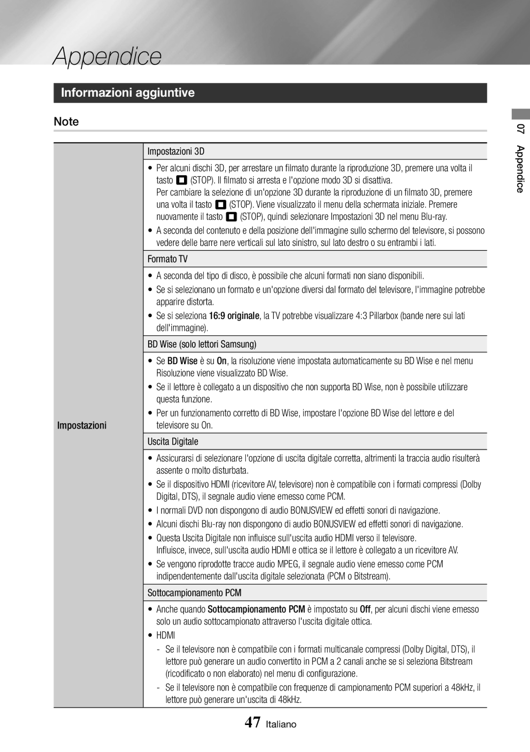 Samsung BD-J7500/ZF manual Appendice, Informazioni aggiuntive 