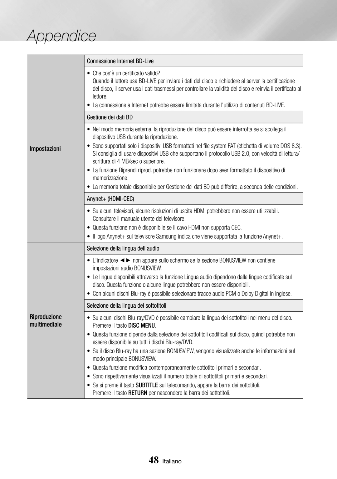 Samsung BD-J7500/ZF manual Gestione dei dati BD, Dispositivo USB durante la riproduzione, Scrittura di 4 MB/sec o superiore 