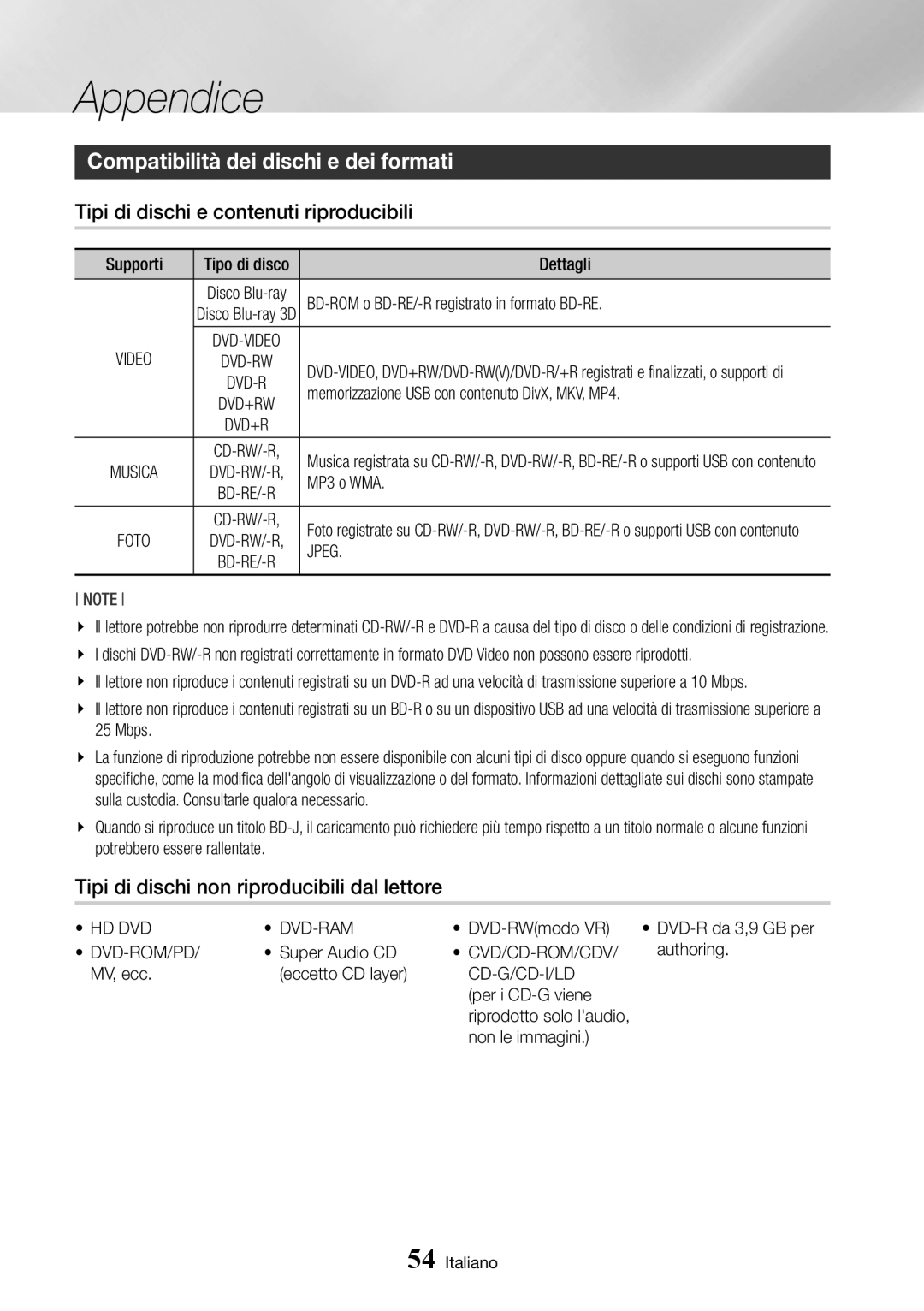 Samsung BD-J7500/ZF manual Compatibilità dei dischi e dei formati, Tipi di dischi e contenuti riproducibili 