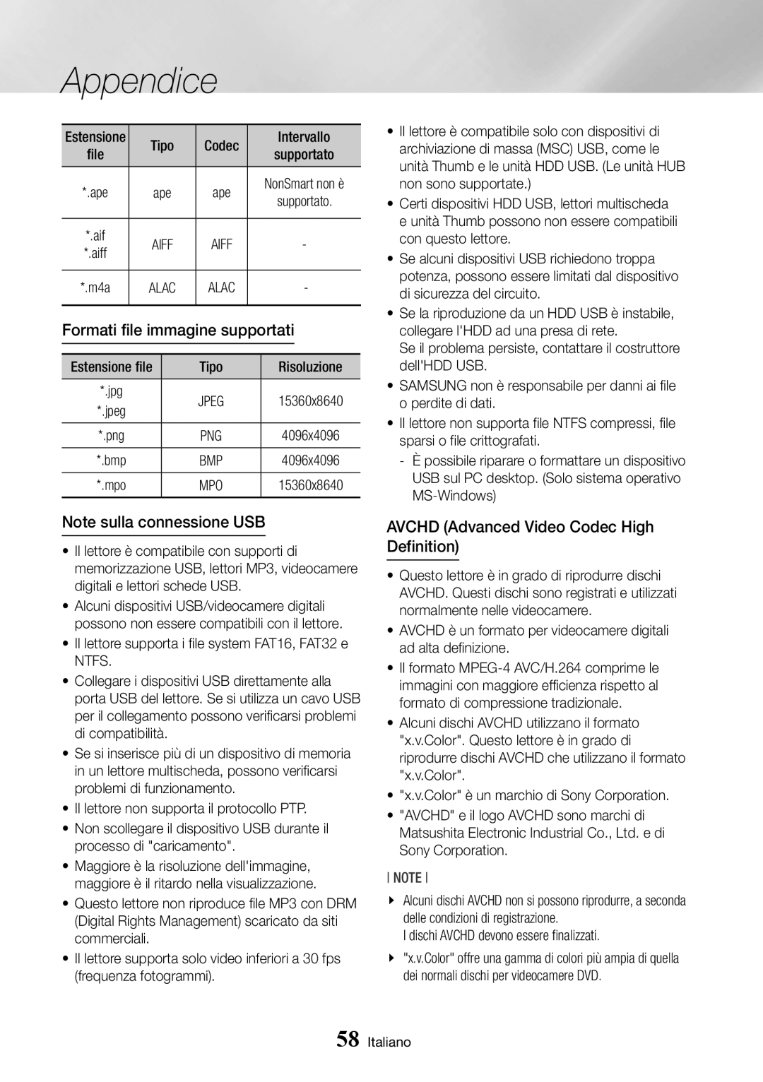 Samsung BD-J7500/ZF manual Formati file immagine supportati, Avchd Advanced Video Codec High Definition, Png, Bmp, Mpo 