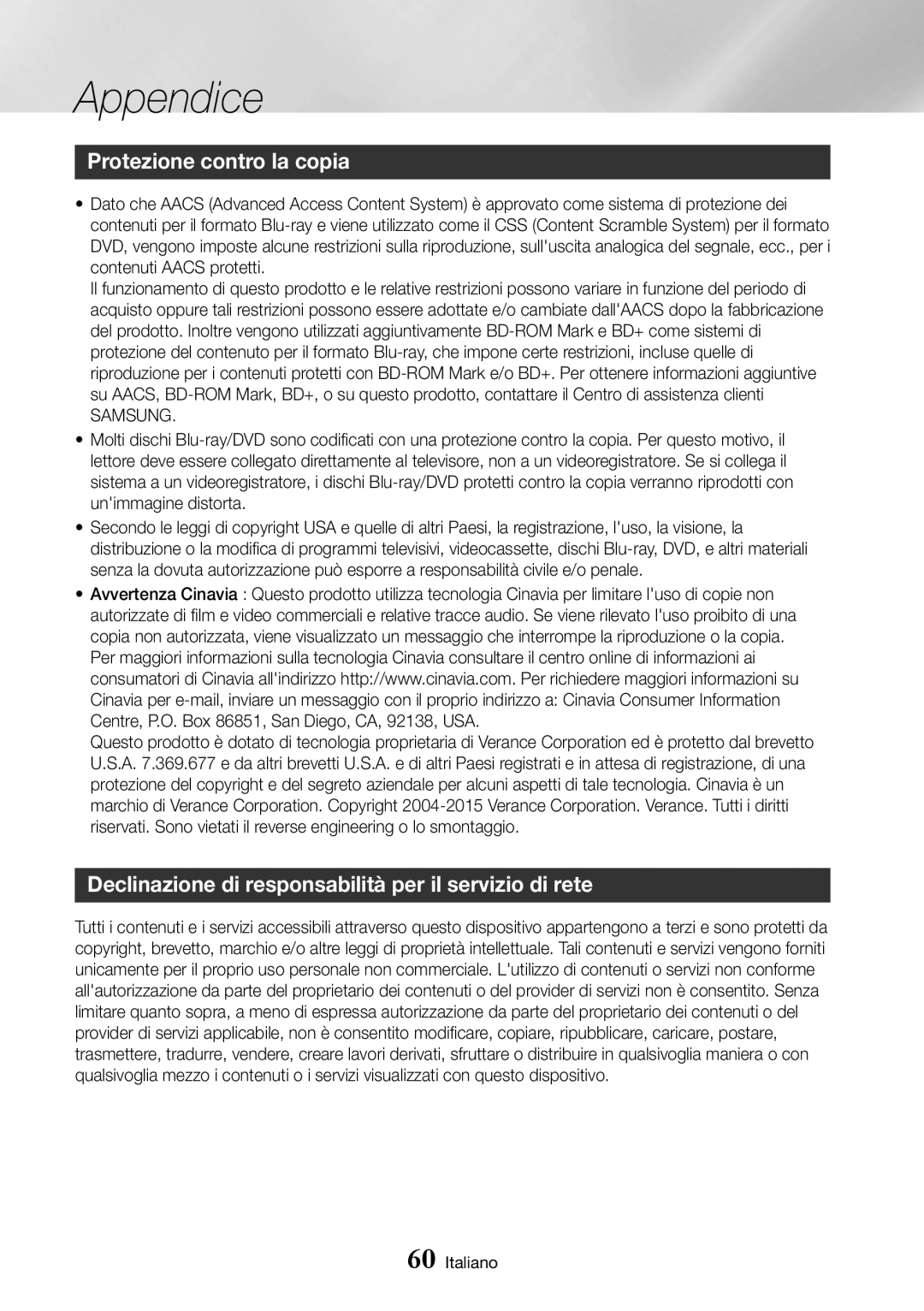 Samsung BD-J7500/ZF manual Protezione contro la copia, Declinazione di responsabilità per il servizio di rete 