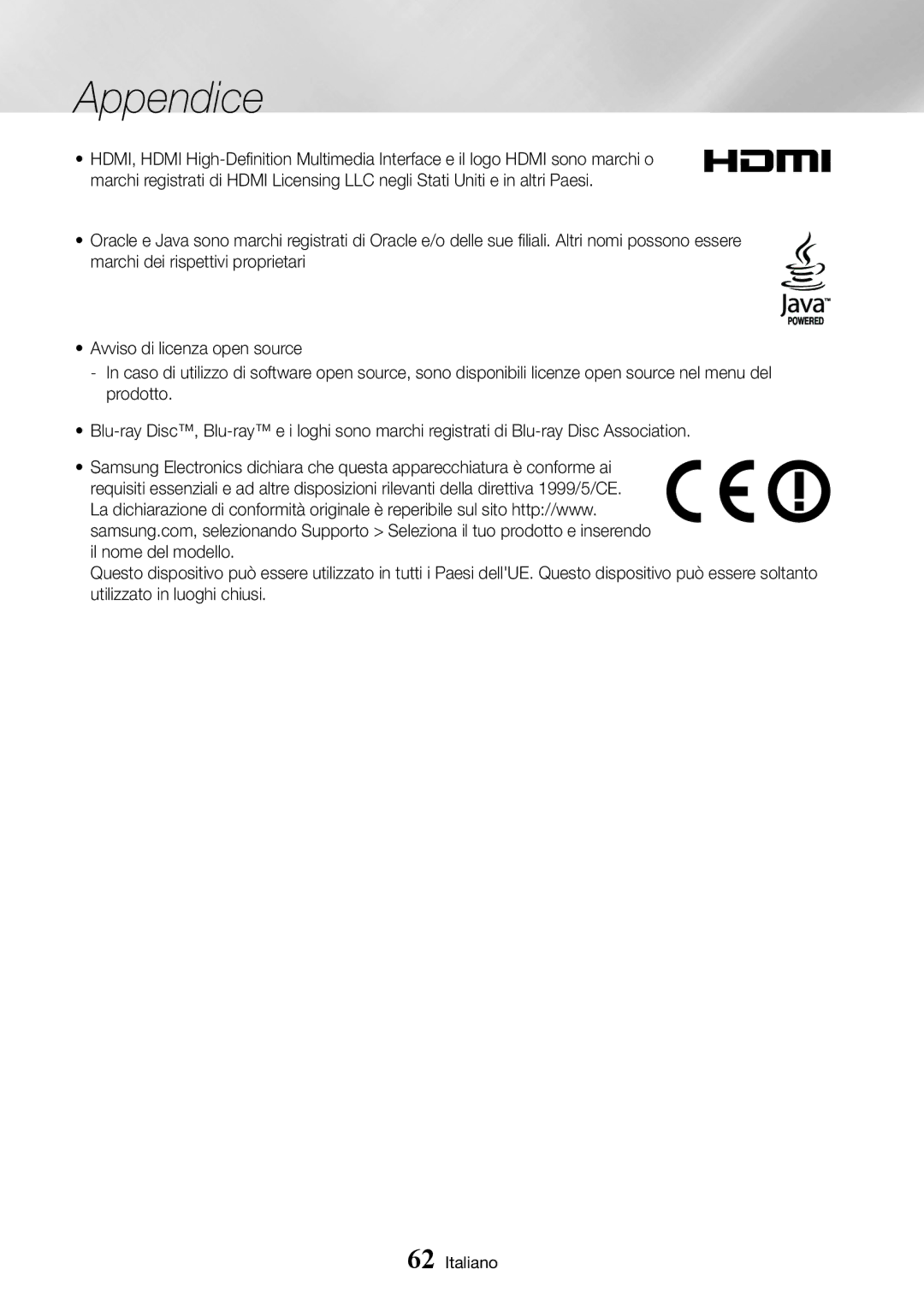 Samsung BD-J7500/ZF manual Appendice 