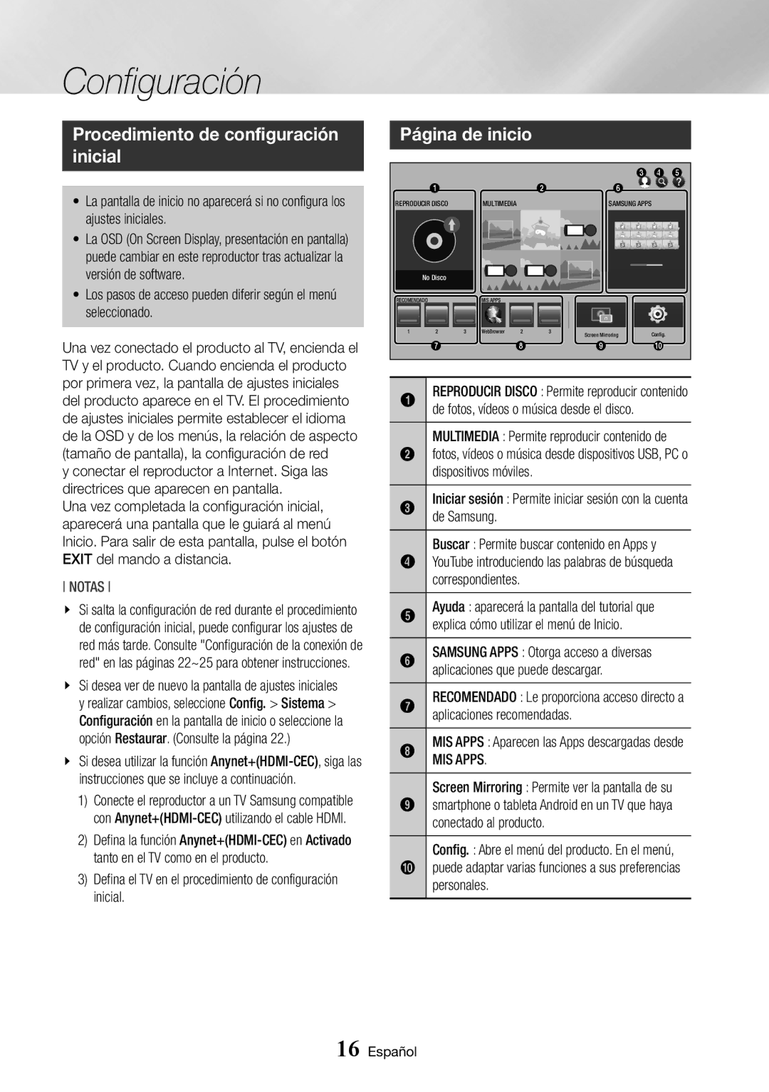 Samsung BD-J7500/ZF manual Configuración, Procedimiento de configuración inicial, Página de inicio, MIS Apps 