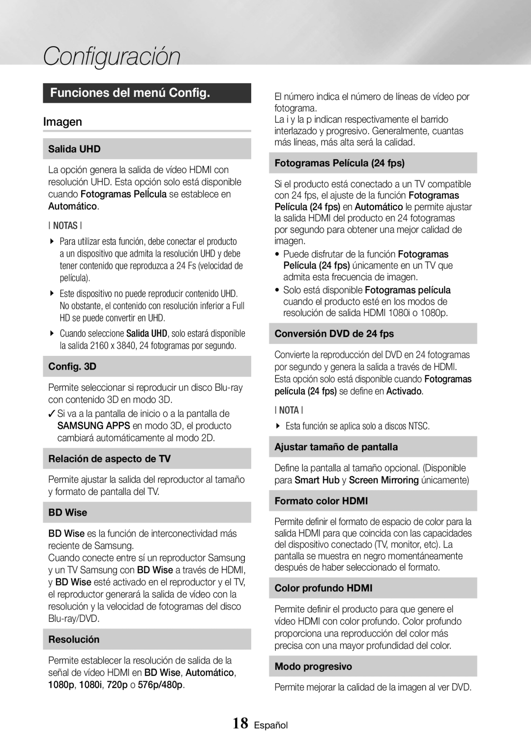 Samsung BD-J7500/ZF manual Funciones del menú Config, Imagen, El número indica el número de líneas de vídeo por fotograma 