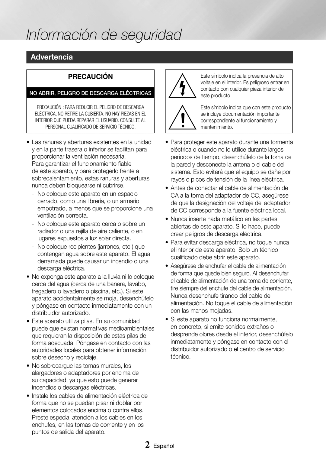 Samsung BD-J7500/ZF manual Información de seguridad, Advertencia 