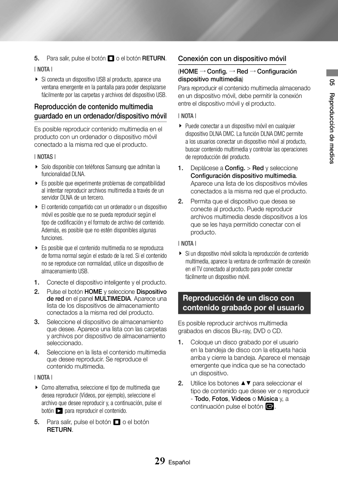 Samsung BD-J7500/ZF manual Conexión con un dispositivo móvil, Para salir, pulse el botón 5 o el botón RETURN. Nota, Return 