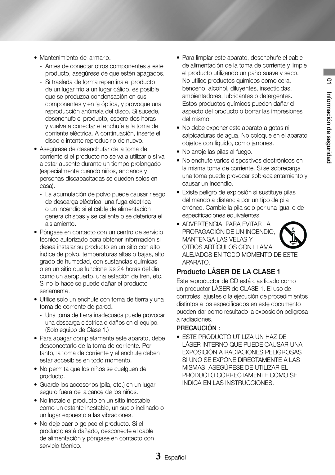 Samsung BD-J7500/ZF manual Producto Láser DE LA Clase, Mantenimiento del armario, Precaución 