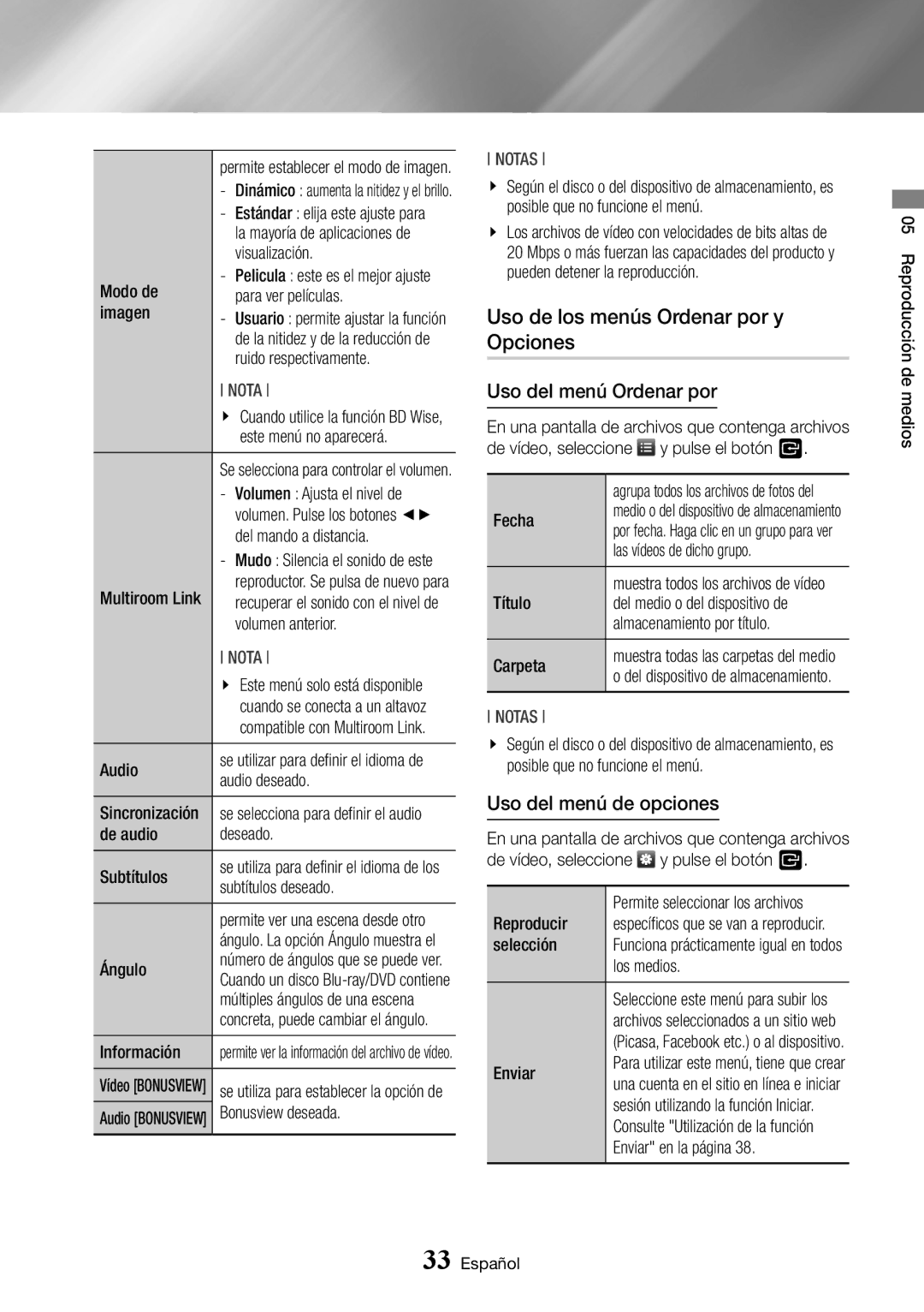 Samsung BD-J7500/ZF manual Uso de los menús Ordenar por y Opciones, Uso del menú Ordenar por, Uso del menú de opciones 