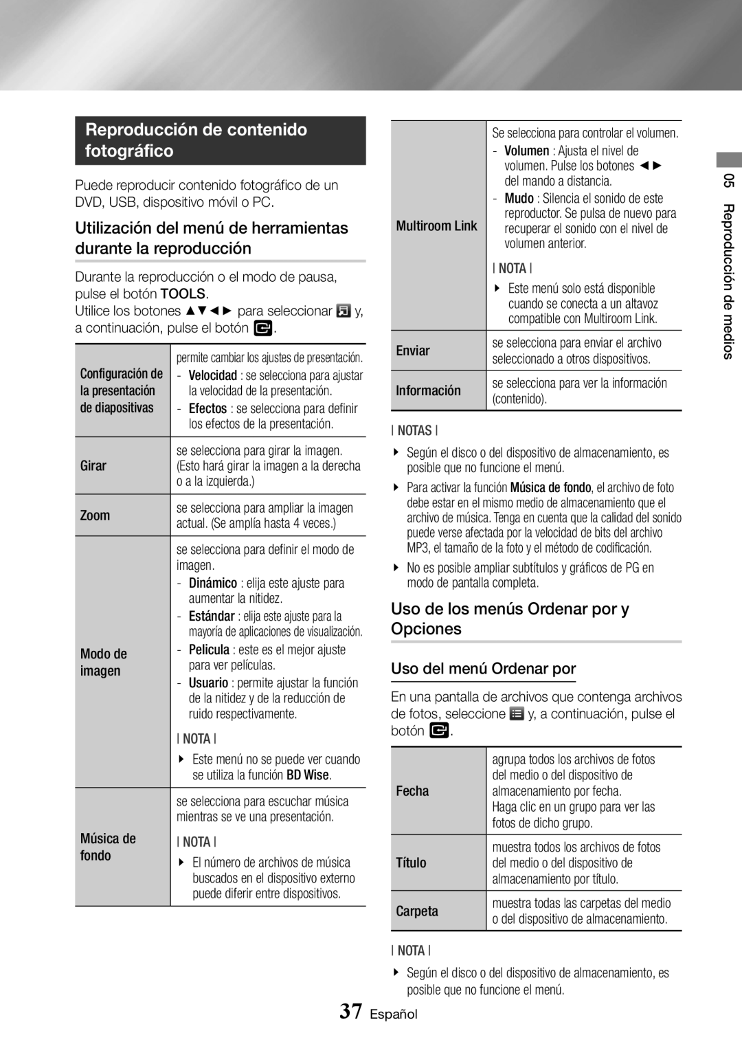 Samsung BD-J7500/ZF manual Reproducción de contenido fotográfico 