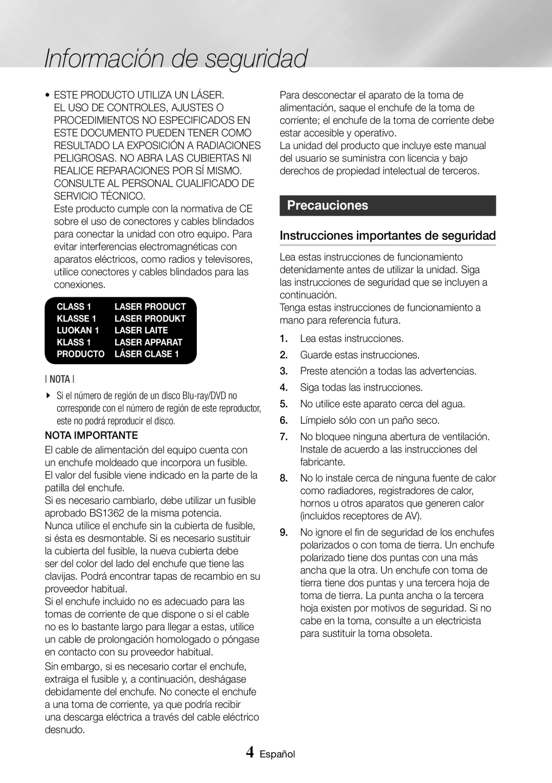 Samsung BD-J7500/ZF manual Precauciones, Instrucciones importantes de seguridad, Nota Importante 