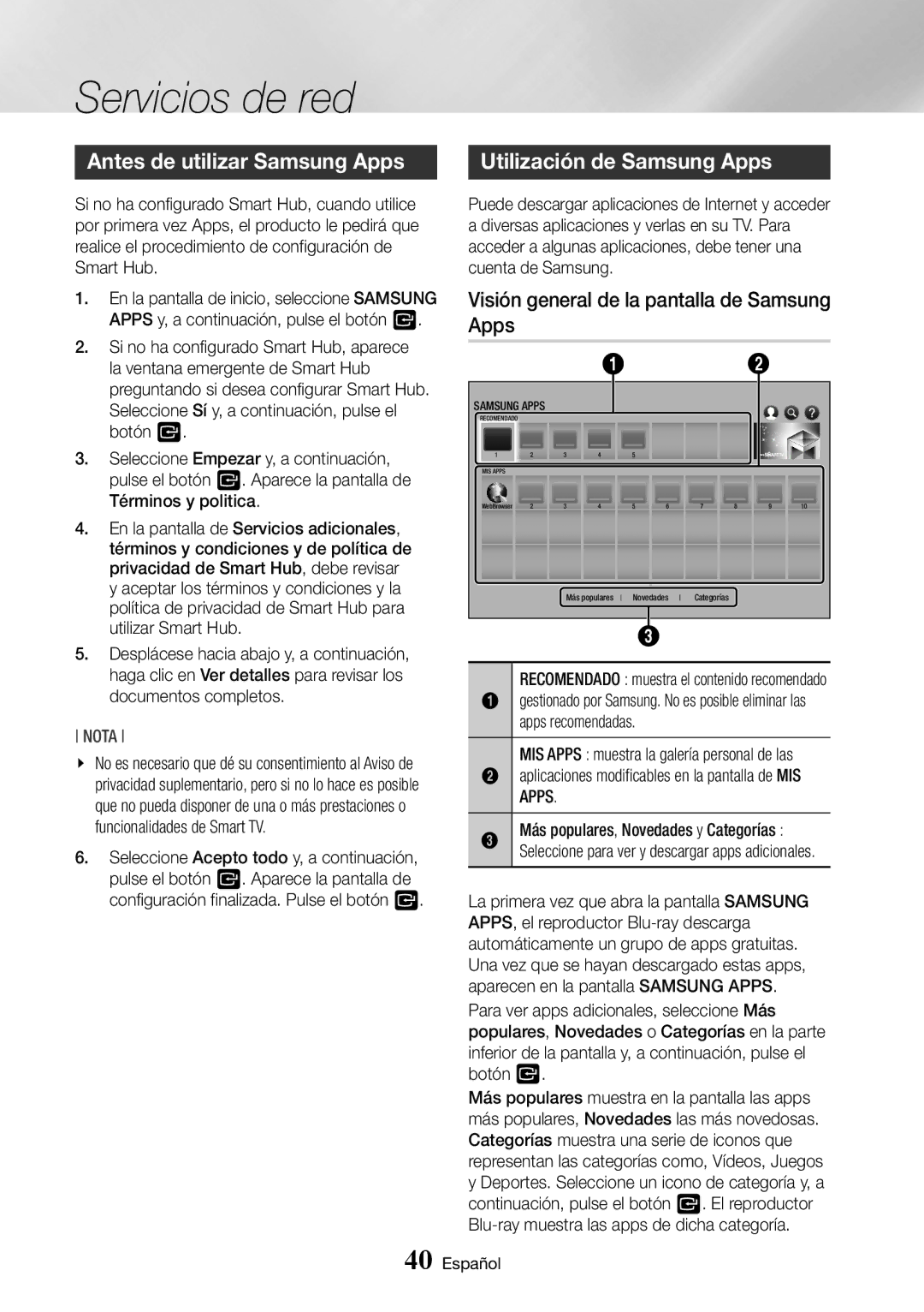 Samsung BD-J7500/ZF manual Antes de utilizar Samsung Apps, Utilización de Samsung Apps, Apps recomendadas 