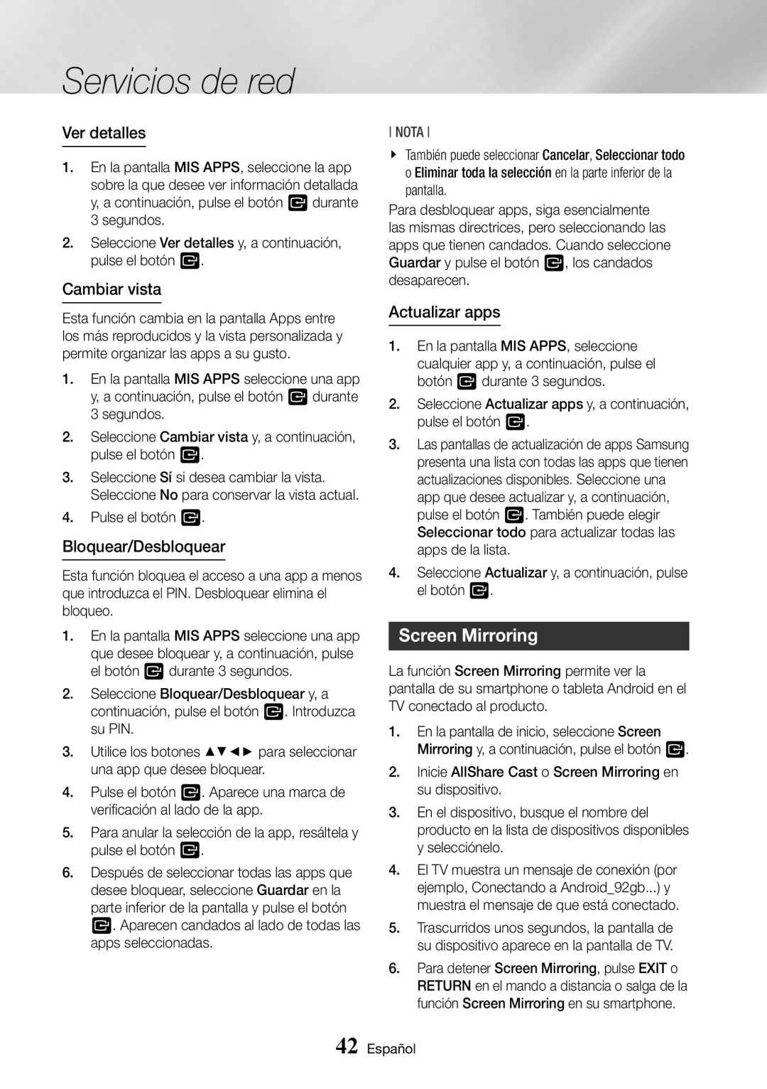 Samsung BD-J7500/ZF manual Screen Mirroring, Ver detalles, Cambiar vista, Bloquear/Desbloquear, Actualizar apps 