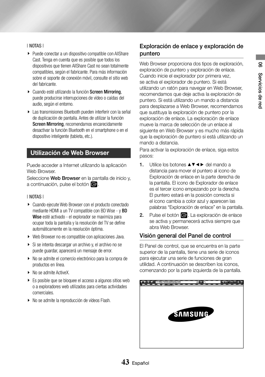 Samsung BD-J7500/ZF manual Utilización de Web Browser, Exploración de enlace y exploración de puntero 