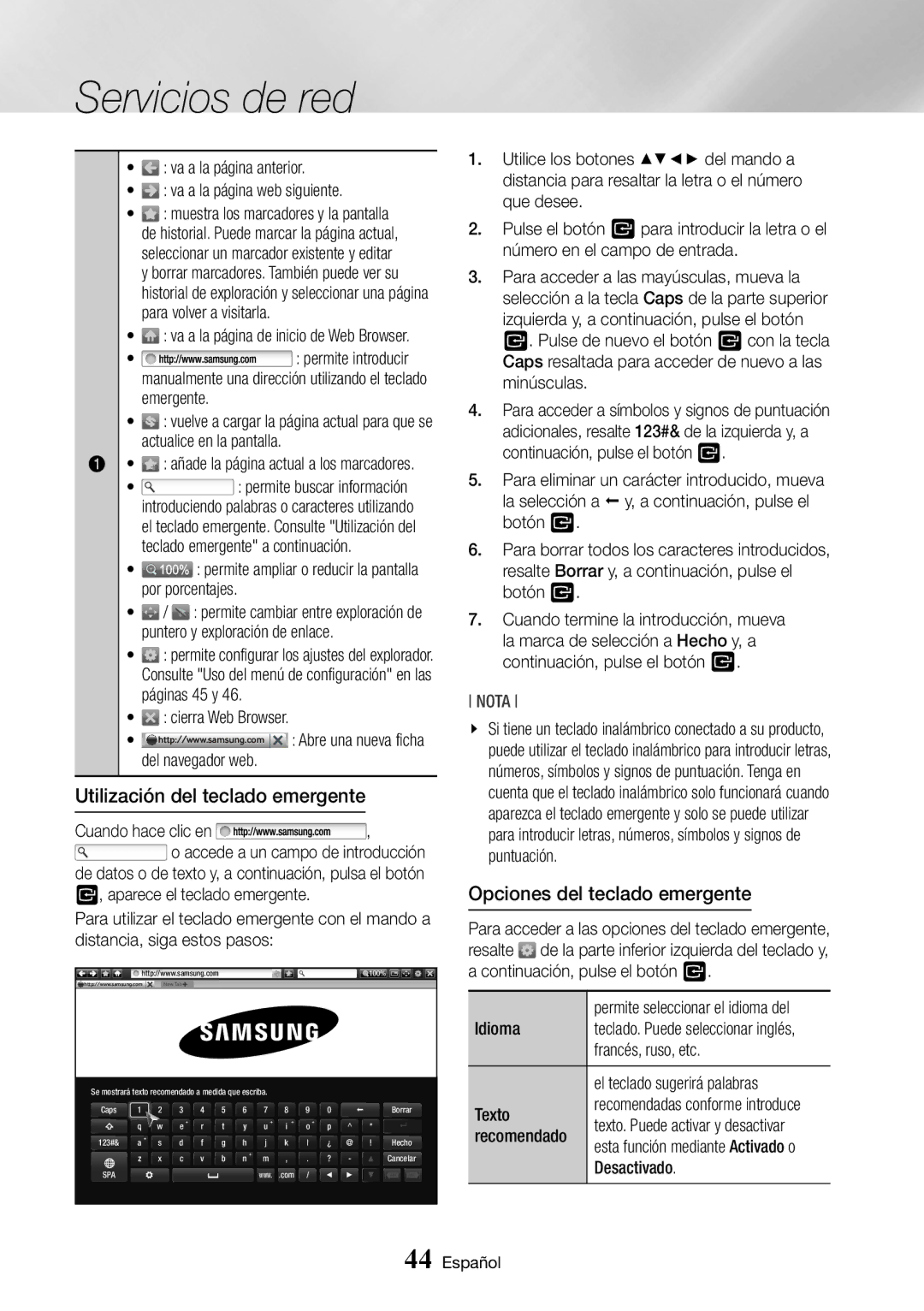 Samsung BD-J7500/ZF manual Utilización del teclado emergente, Opciones del teclado emergente 