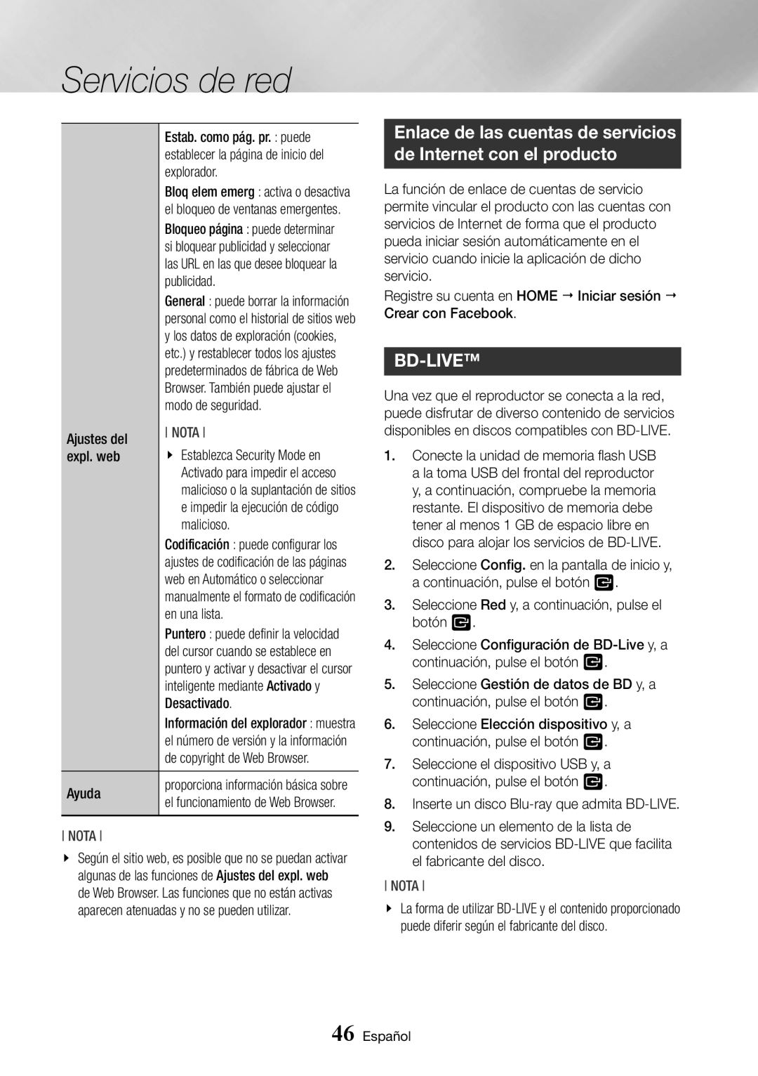 Samsung BD-J7500/ZF Estab. como pág. pr. puede, Explorador, Publicidad, Modo de seguridad, Ajustes del, Expl. web, Ayuda 