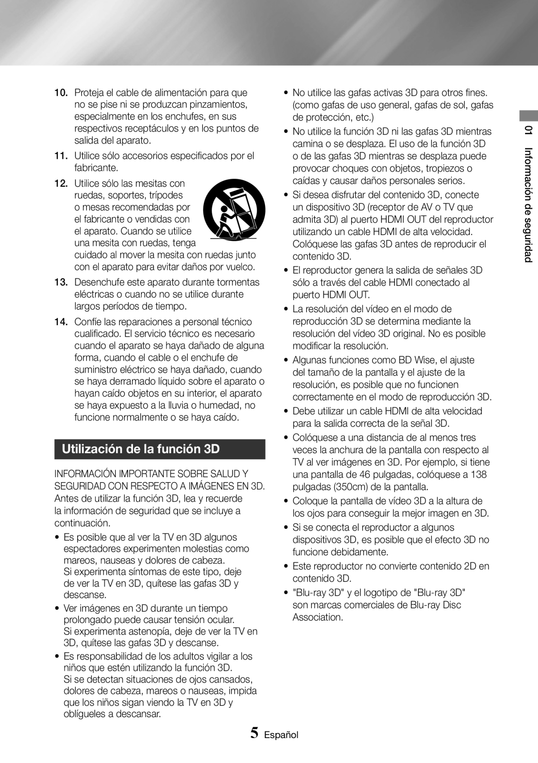 Samsung BD-J7500/ZF manual Utilización de la función 3D, La información de seguridad que se incluye a continuación 