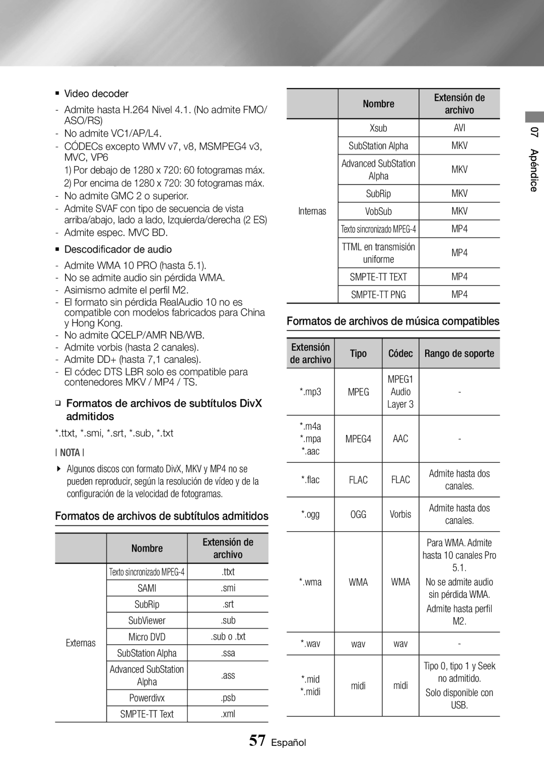 Samsung BD-J7500/ZF manual Formatos de archivos de música compatibles, Admite WMA 10 PRO hasta, Internas, Tipo 