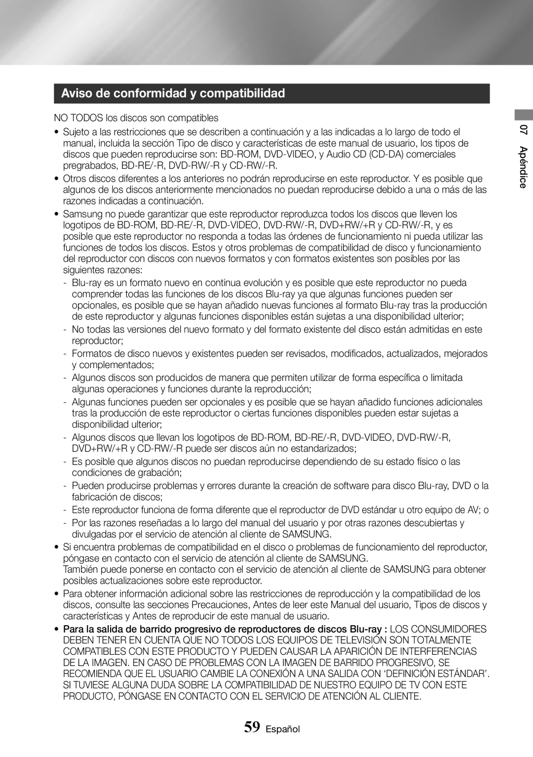 Samsung BD-J7500/ZF manual Aviso de conformidad y compatibilidad 