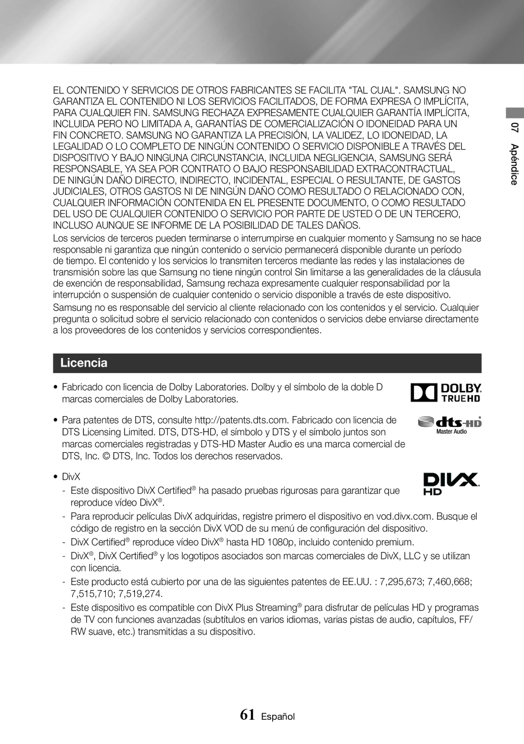 Samsung BD-J7500/ZF manual Licencia 