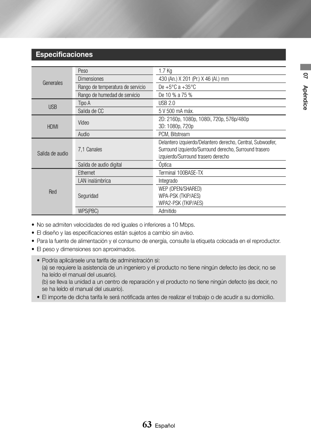 Samsung BD-J7500/ZF manual Especificaciones, Wep Open/Shared, Wpa-Psk Tkip/Aes, WPA2-PSK TKIP/AES, Wpspbc 