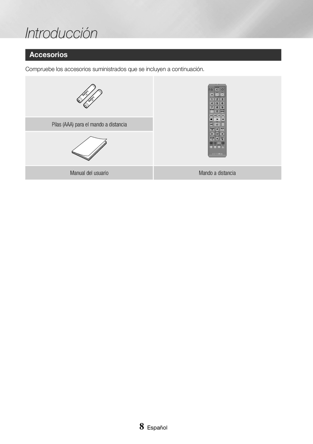 Samsung BD-J7500/ZF manual Introducción, Accesorios, Manual del usuario Mando a distancia 