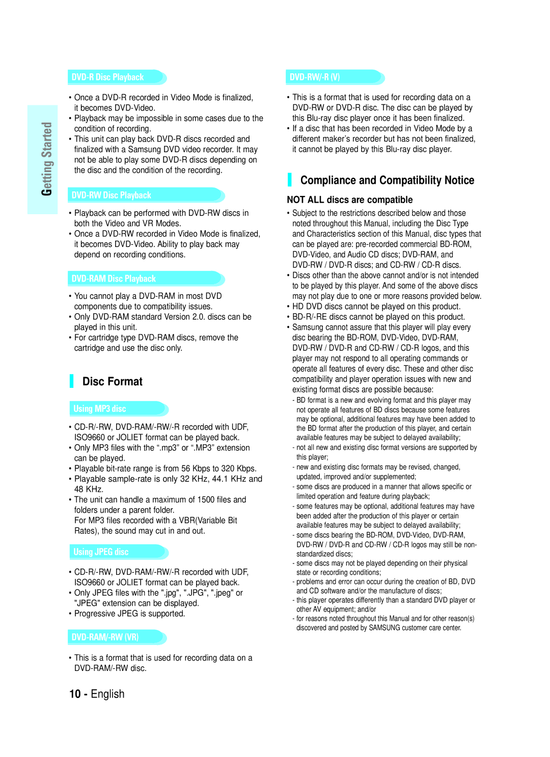 Samsung BD-P1000 user manual Disc Format, Compliance and Compatibility Notice, Not ALL discs are compatible 