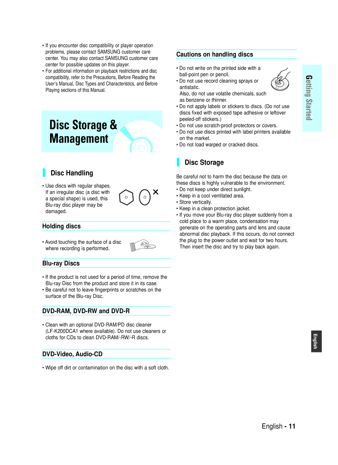 Samsung BD-P1000 user manual Disc Storage Management, Disc Handling 