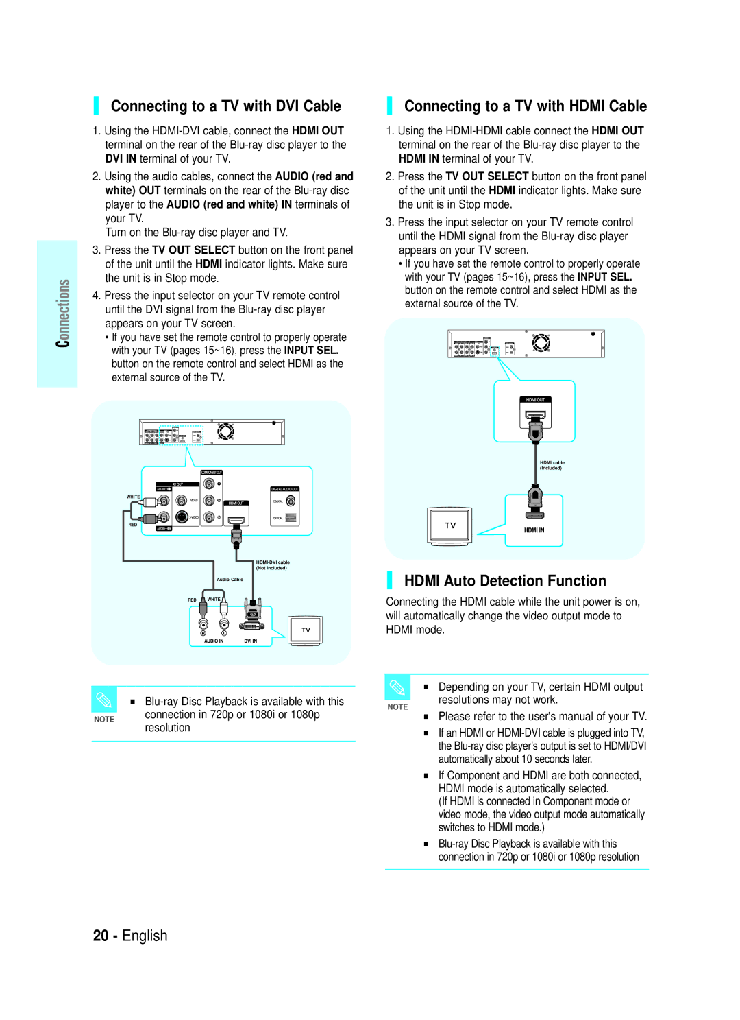 Samsung BD-P1000 Connecting to a TV with DVI Cable, Connecting to a TV with Hdmi Cable, Hdmi Auto Detection Function 