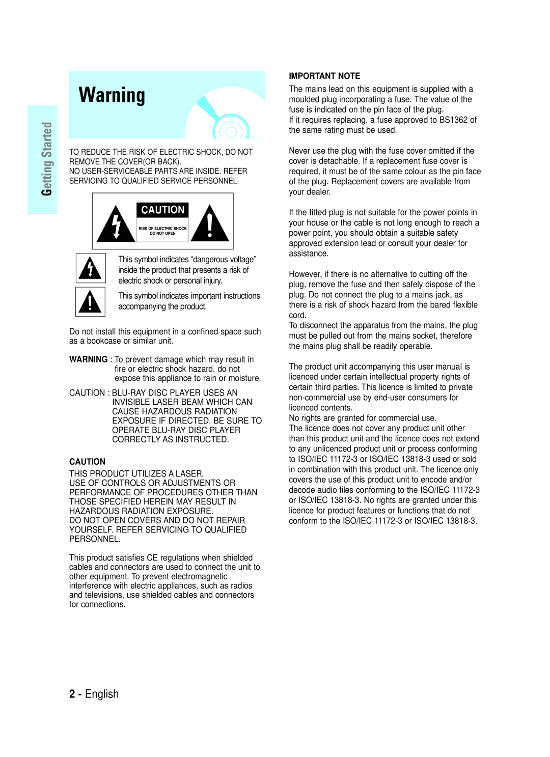 Samsung BD-P1000 user manual Getting Started, No rights are granted for commercial use 