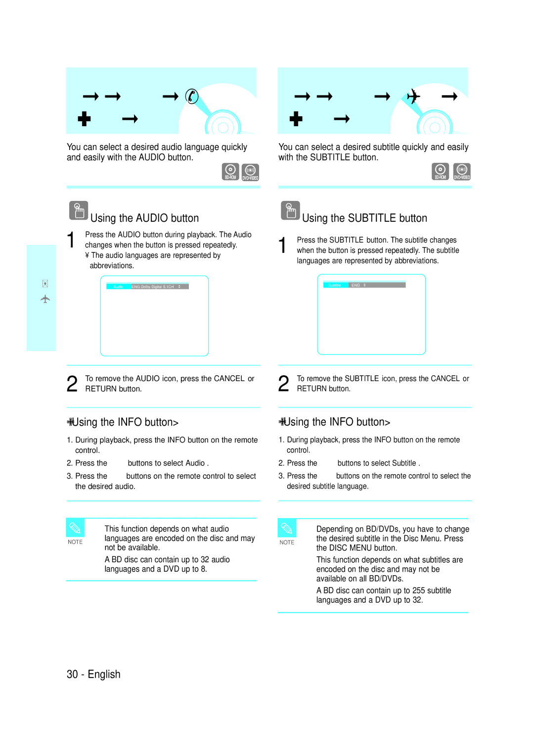 Samsung BD-P1000 user manual Using the Audio button, Using the Info button, Using the Subtitle button 