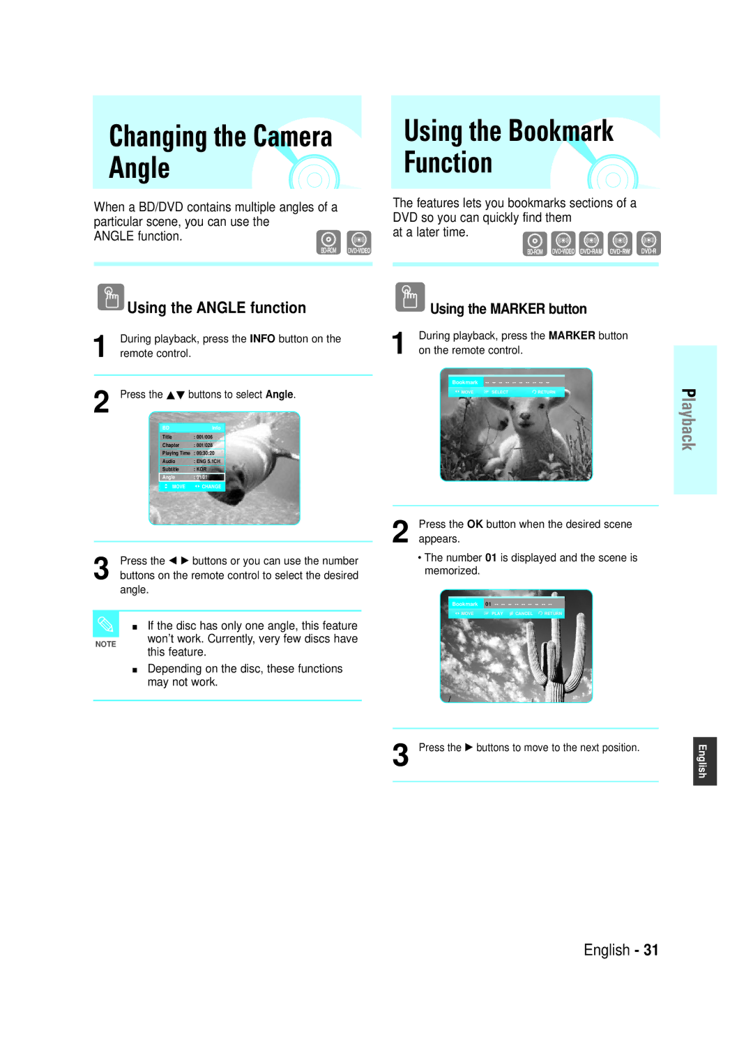 Samsung BD-P1000 Using the Angle function, Using the Marker button, Remote control Press the …† buttons to select Angle 