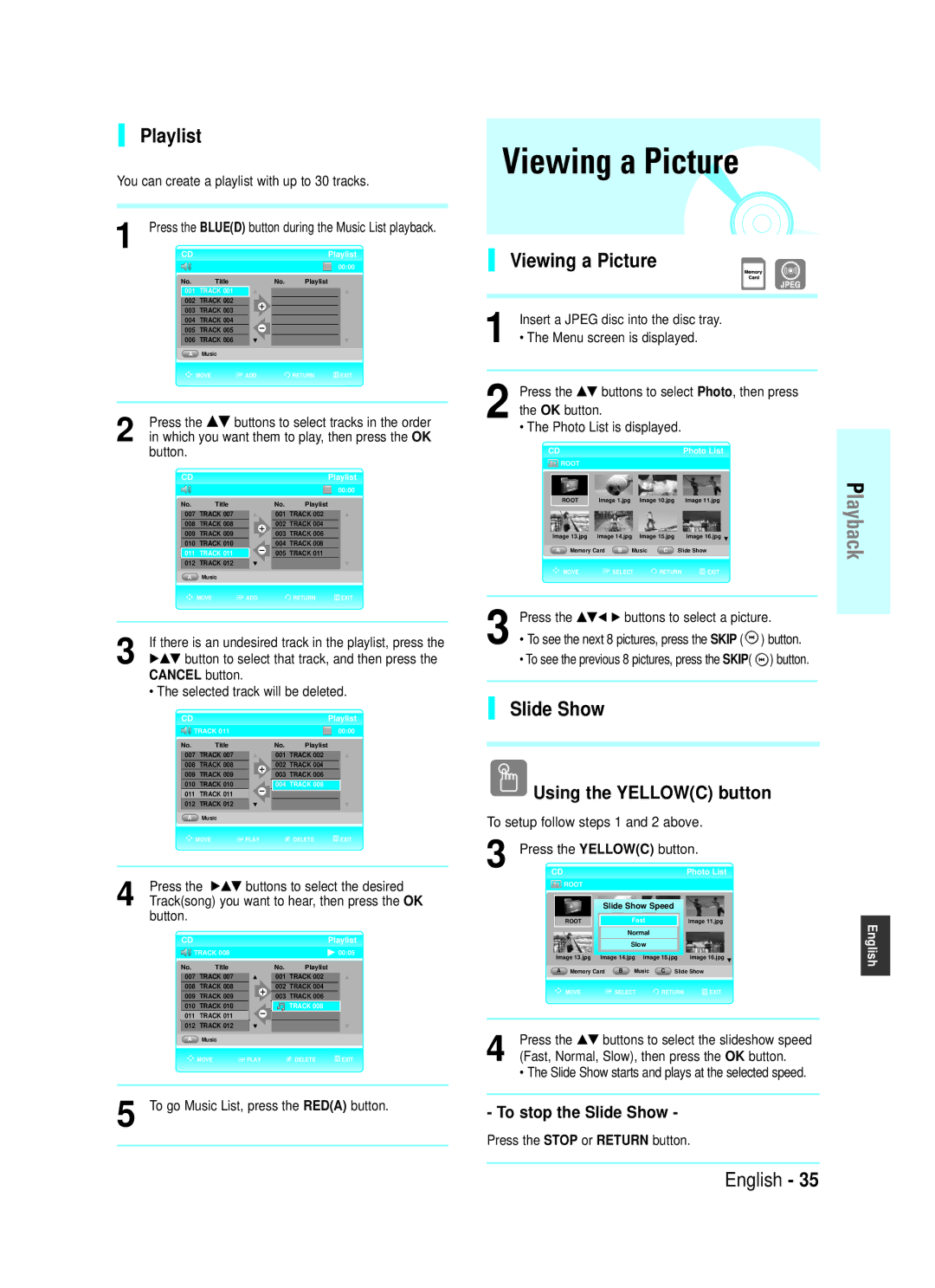 Samsung BD-P1000 user manual Viewing a Picture, Playlist, Slide Show, Using the Yellowc button 