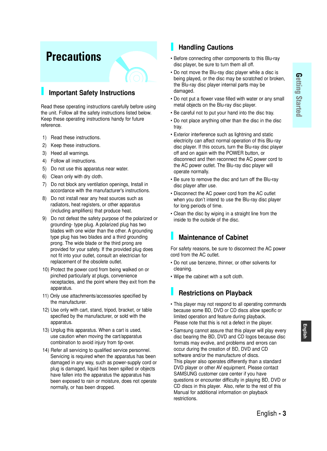 Samsung BD-P1000 user manual Precautions, Important Safety Instructions, Handling Cautions, Maintenance of Cabinet 