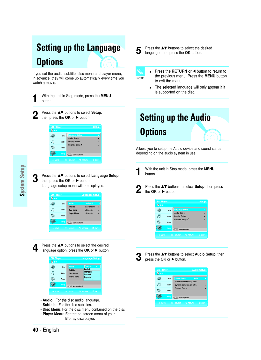 Samsung BD-P1000 Setting up the Audio, Options, Press the Return or œ button to return to, Press the OK or √ button 