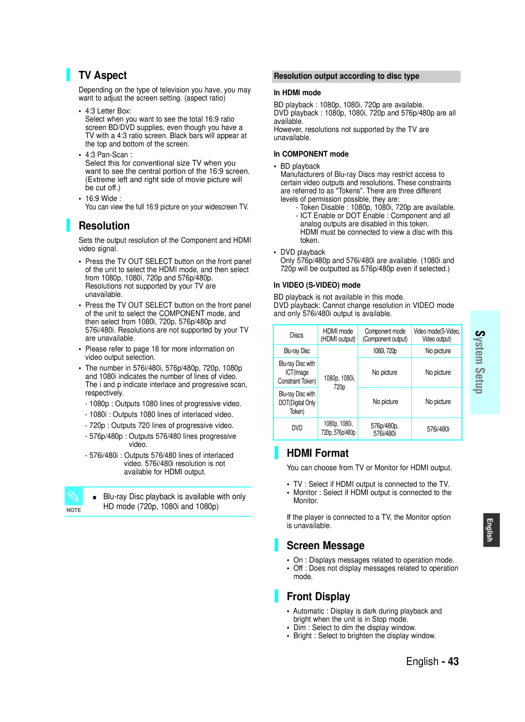 Samsung BD-P1000 user manual TV Aspect, Resolution, Hdmi Format, Screen Message, Front Display 