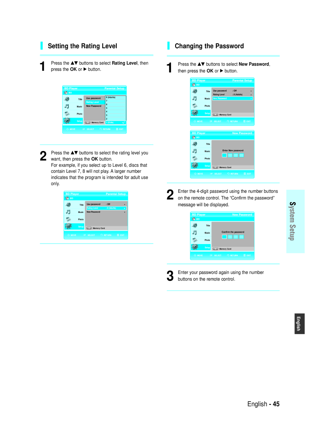 Samsung BD-P1000 user manual Setting the Rating Level, Changing the Password 