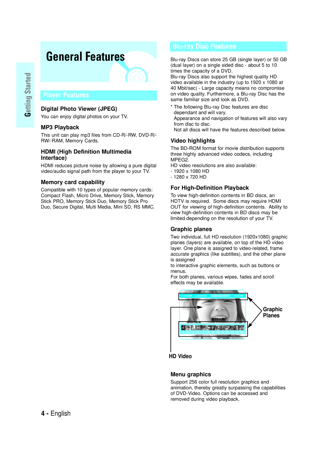 Samsung BD-P1000 user manual General Features 