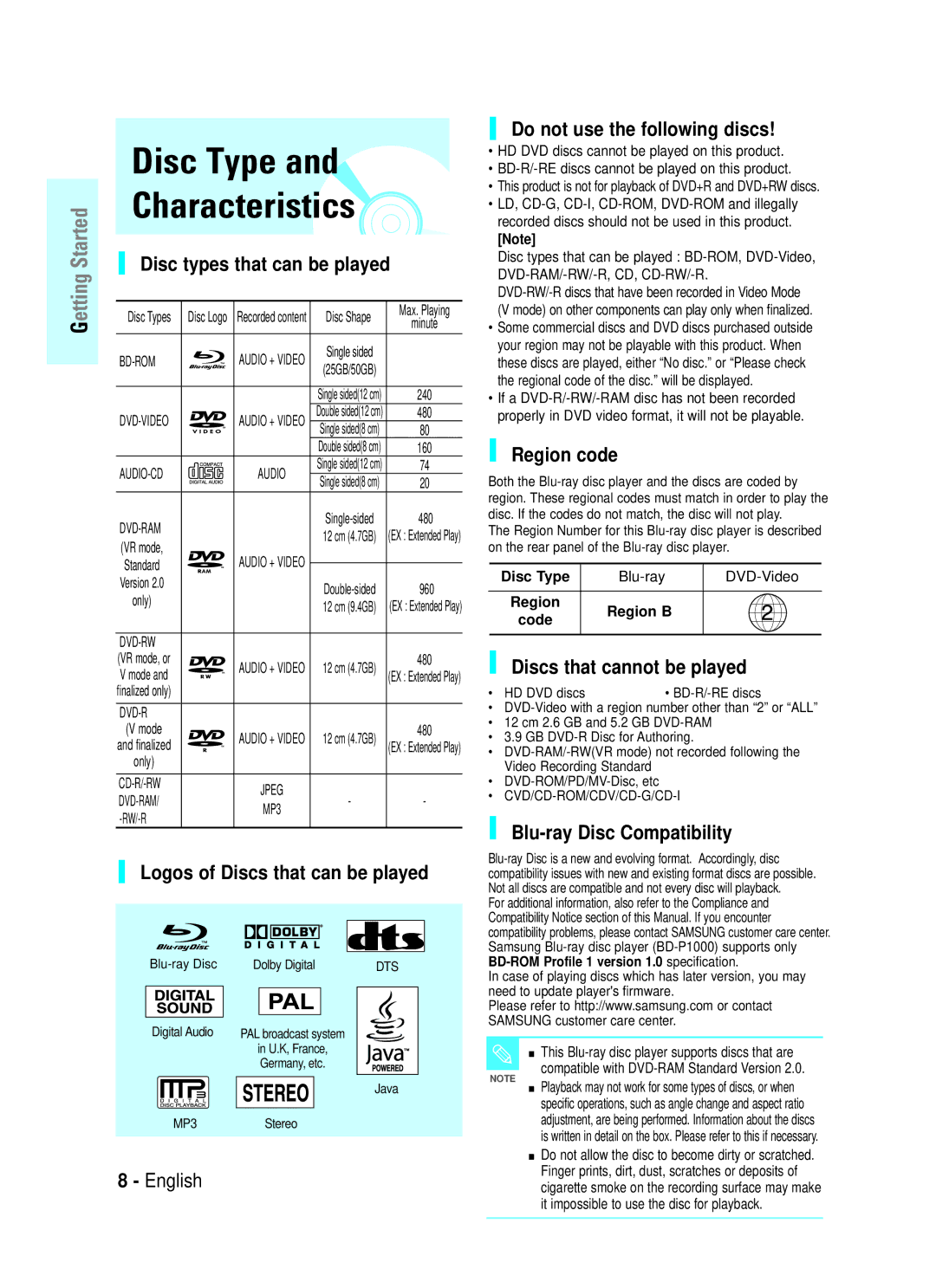 Samsung BD-P1000 user manual Disc Type Characteristics 