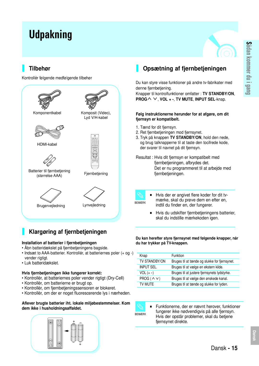 Samsung BD-P1000/XEE manual Udpakning, Tilbehør, Opsætning af fjernbetjeningen, Klargøring af fjernbetjeningen 