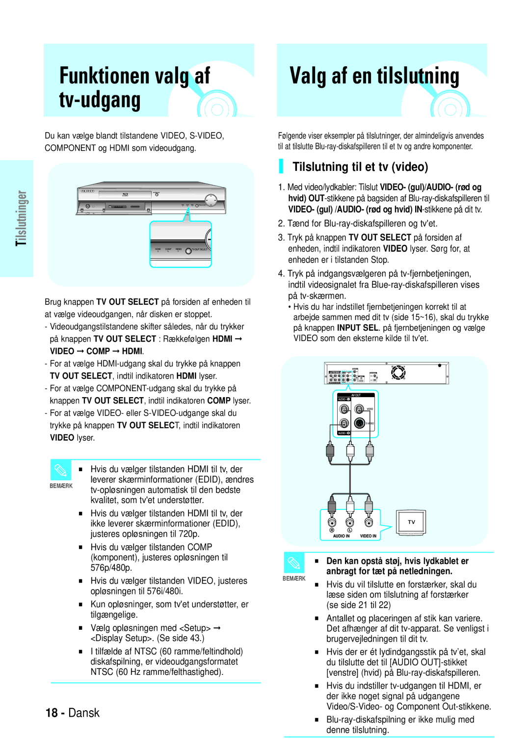 Samsung BD-P1000/XEE manual Valg af en tilslutning, Funktionen valg af tv-udgang, Tilslutning til et tv video 