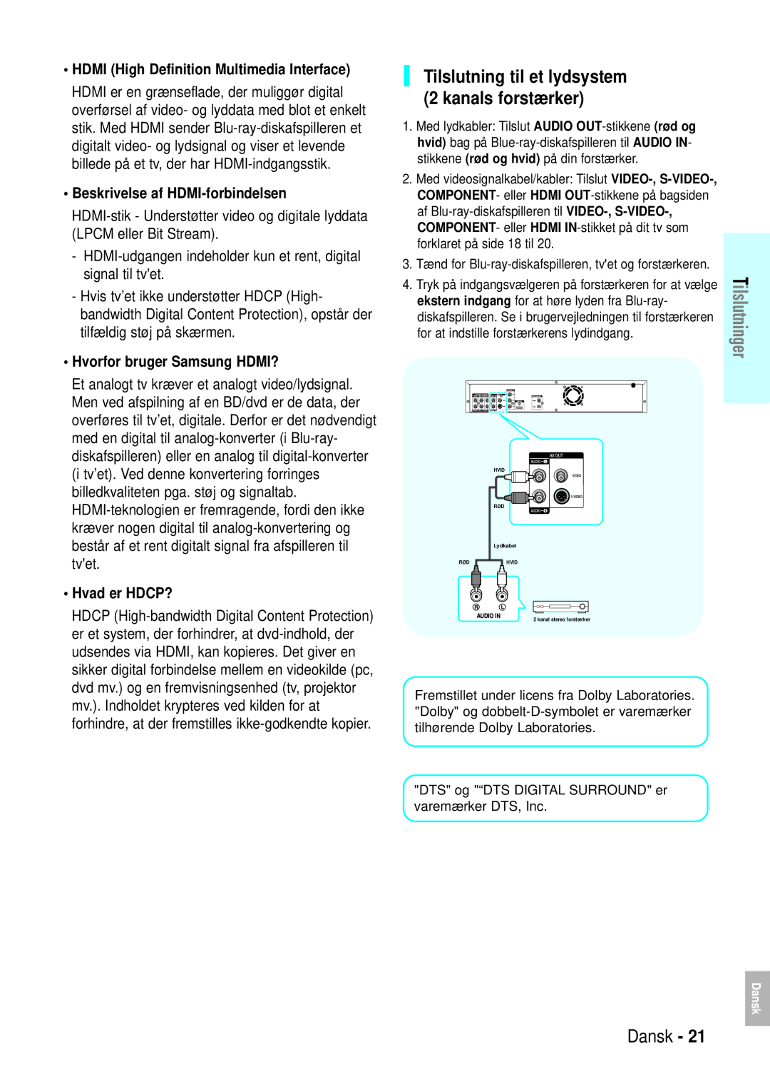 Samsung BD-P1000/XEE manual Tilslutning til et lydsystem Kanals forstærker, Beskrivelse af HDMI-forbindelsen, Hvad er HDCP? 