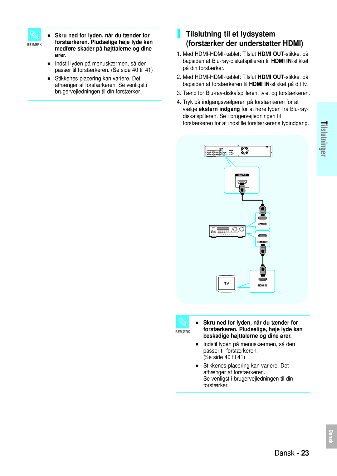 Samsung BD-P1000/XEE manual Skru ned for lyden, når du tænder for, Ører, Med HDMI-HDMI-kablet Tilslut Hdmi OUT-stikket på 