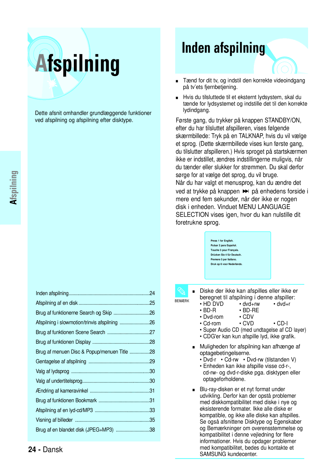 Samsung BD-P1000/XEE manual Inden afspilning 