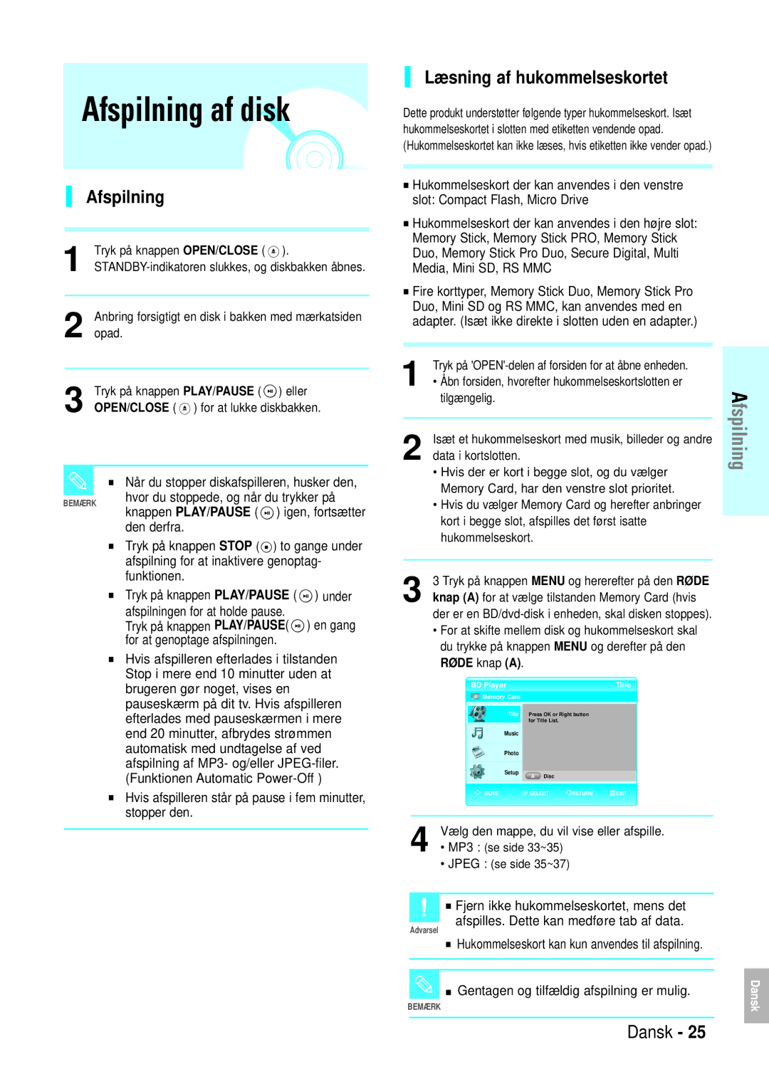 Samsung BD-P1000/XEE manual Afspilning af disk, Læsning af hukommelseskortet 