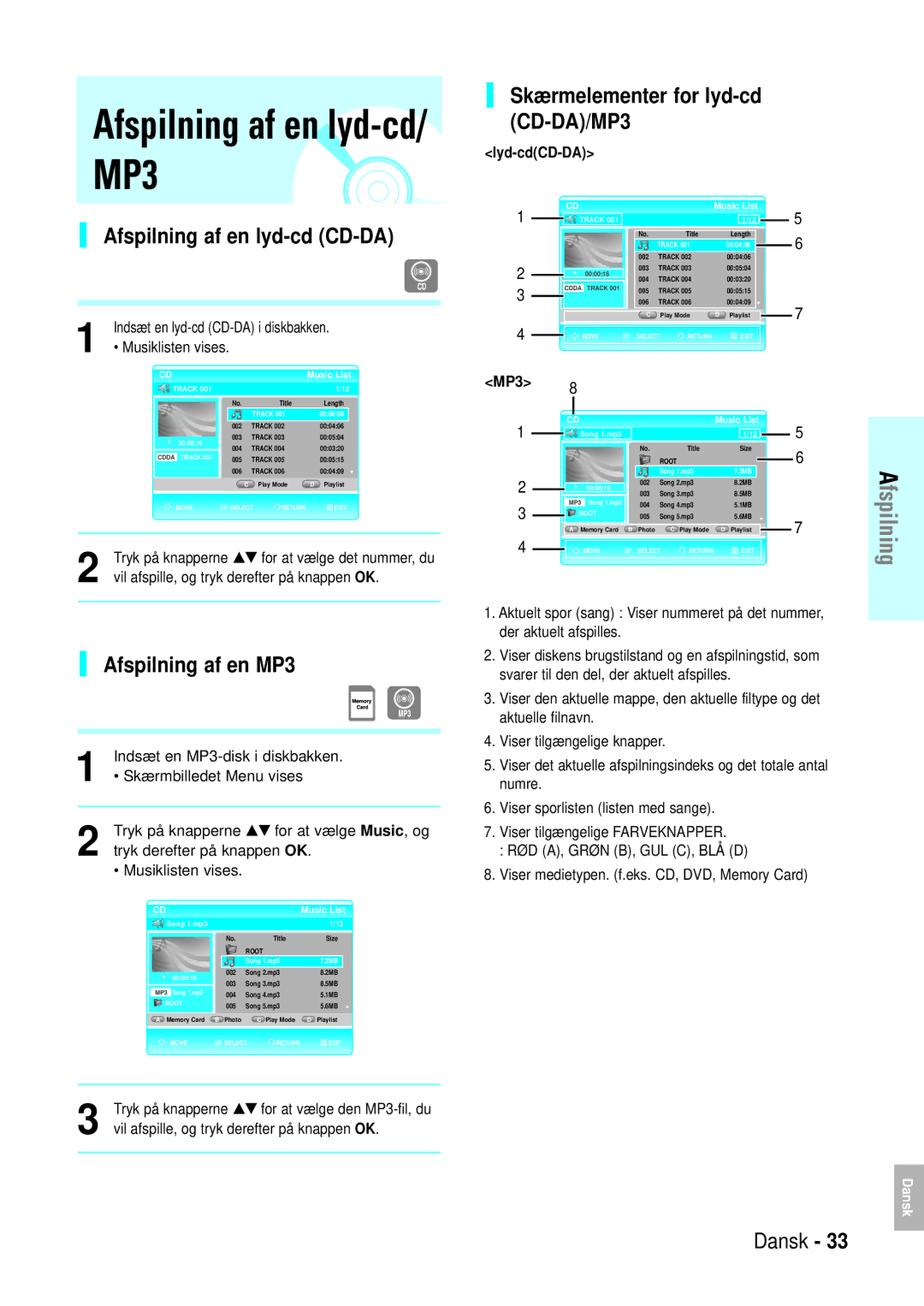 Samsung BD-P1000/XEE manual Afspilning af en lyd-cd/ MP3, Afspilning af en lyd-cd CD-DA, Afspilning af en MP3 