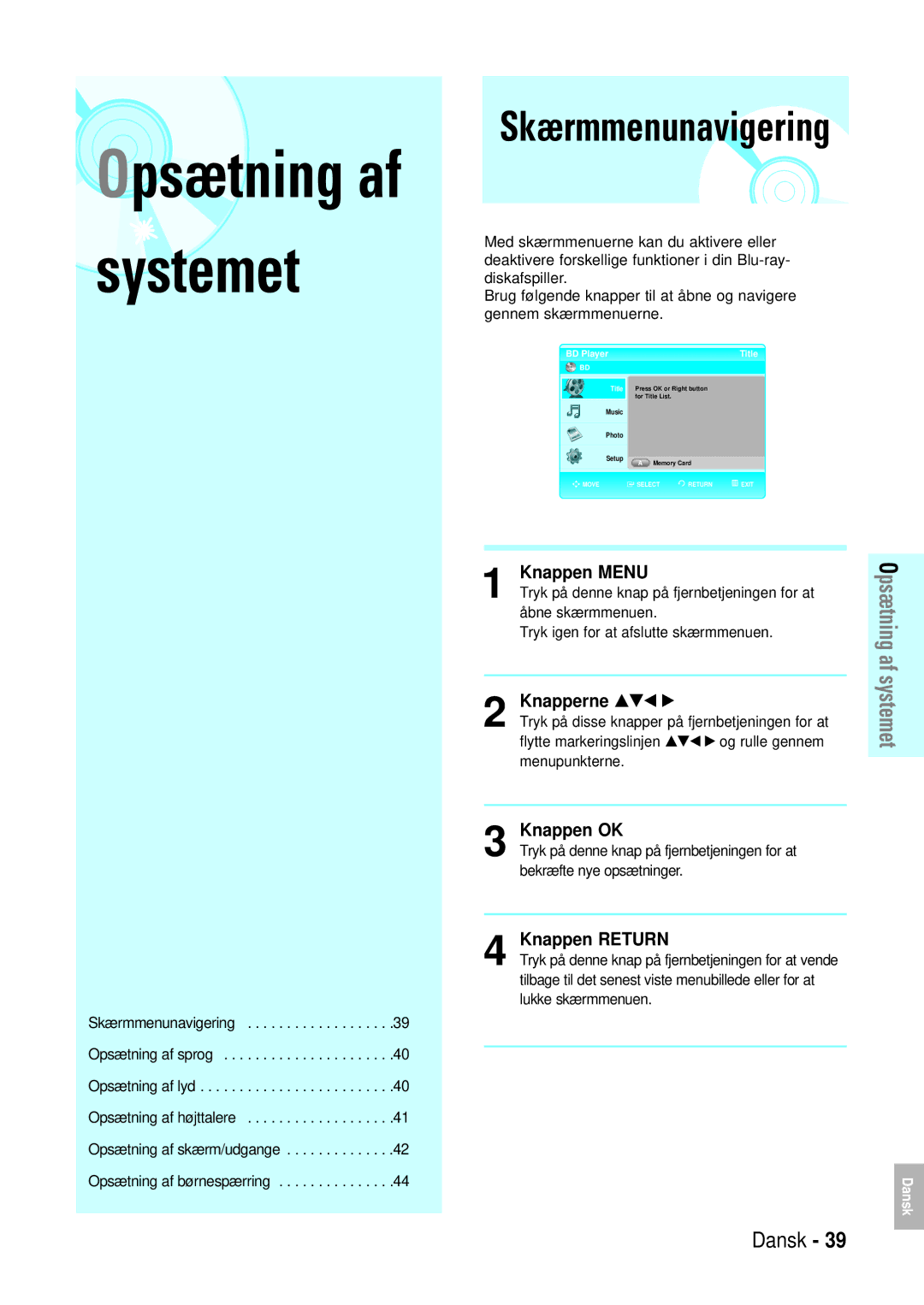 Samsung BD-P1000/XEE manual Knappen Menu, Knapperne …†œ √, Knappen OK, Knappen Return 